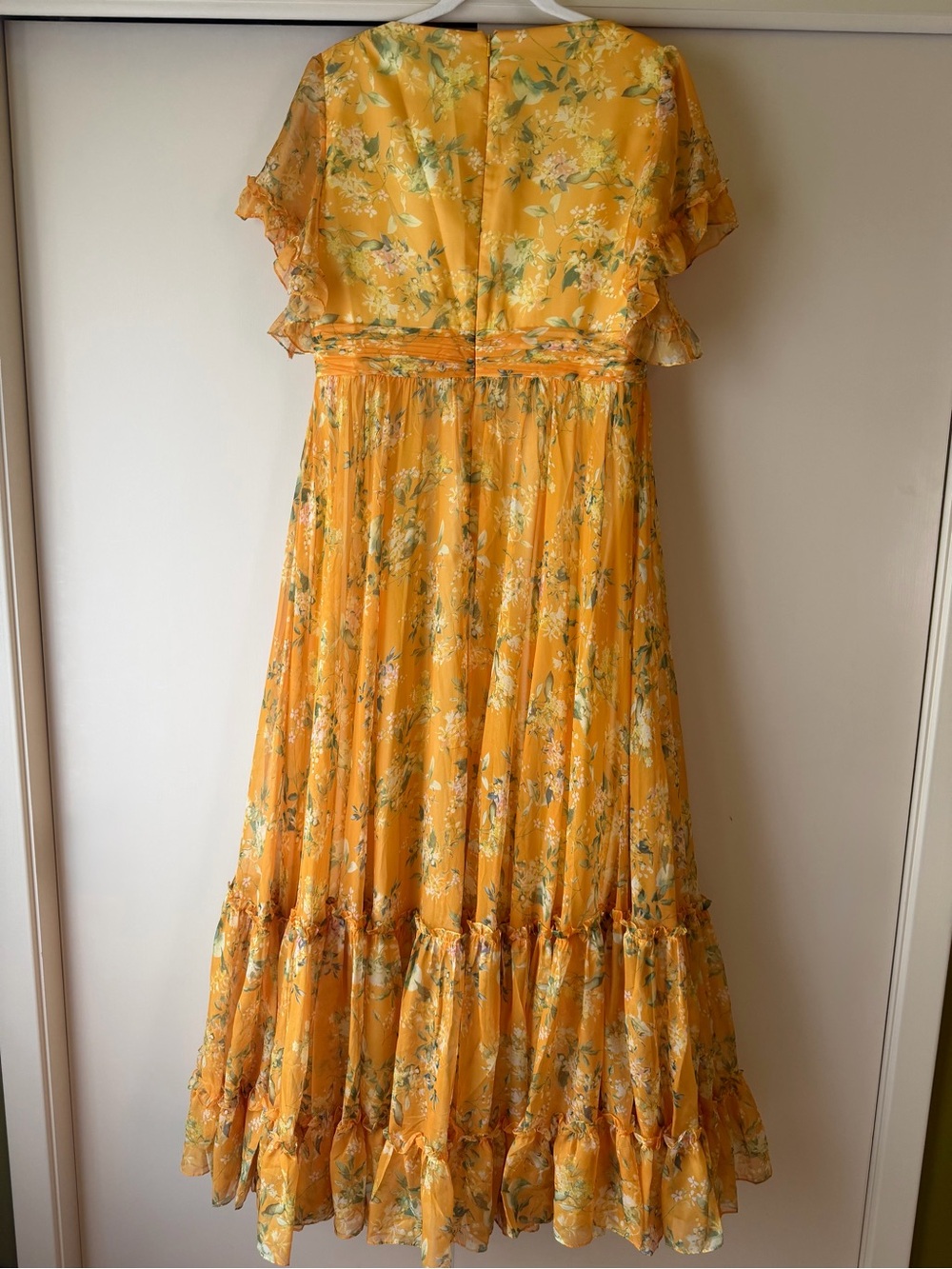 Mac Duggal Yellow Multicolor Flounce Sleeve Floral Maxi Dress 12 - Picture 4 of 9